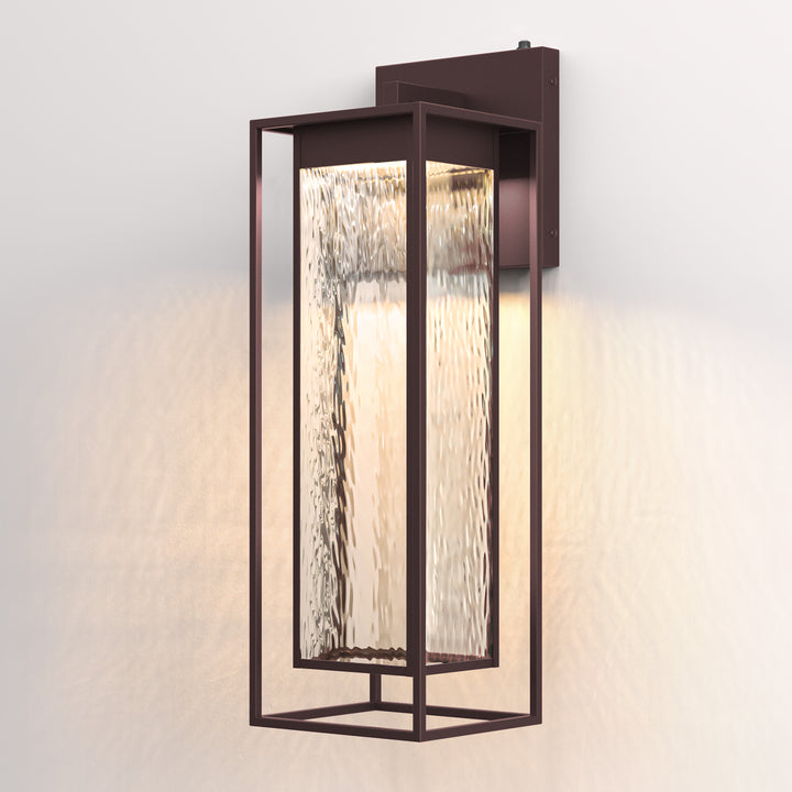Natura 1 - Light 15''H Dimmable Led Black Iron And Water Ripple Glass Outdoor Wall Light With Dusk To Dawn #7061