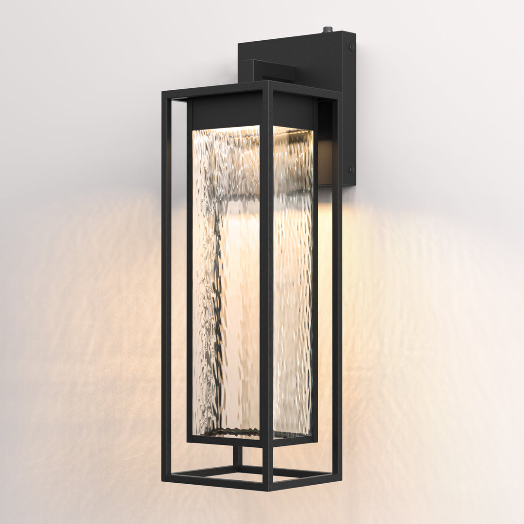 1 - Light 15''H Dimmable Led Black Iron And Water Ripple Glass Outdoor Wall Light With Dusk To Dawn #7061