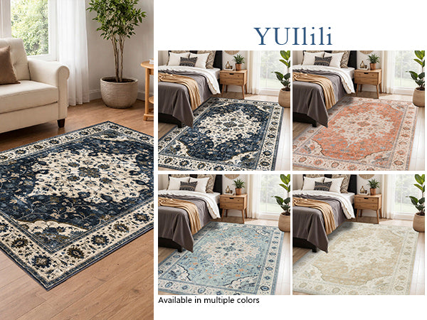 YUIlili Vintage Oriental Area Rug Navy Blue Beige Gold Soft Non-Slip Machine Washable Carpet for Living Room, Bedroom, Hallway Runner Indoor Rugs #AZJL160