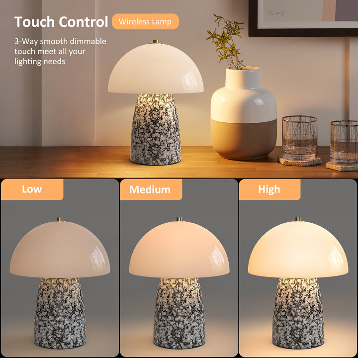 Pulsar 11" Modern Rechargeable Touch Control Desk Lamp, Portable Wireless Ceramic Led Lamp With Milky White Glass Shade, Three-Level Dimming, Suitable For Bedrooms, Living Rooms, Terraces And Outdoors #T281