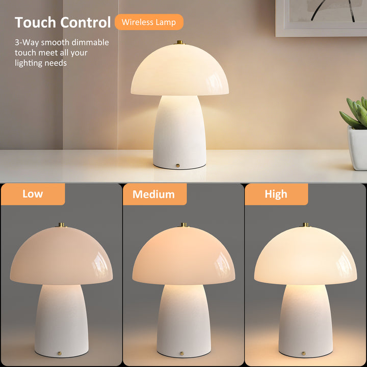 Pulsar 11" Modern Rechargeable Touch Control Desk Lamp, Portable Wireless Ceramic Led Lamp With Milky White Glass Shade, Three-Level Dimming, Suitable For Bedrooms, Living Rooms, Terraces And Outdoors #T281