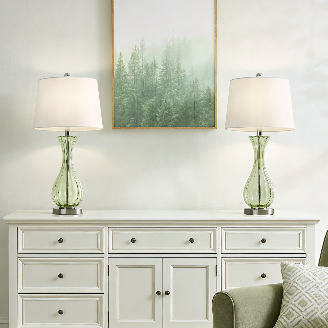 Maxax Coastal Glass Table Lamps Set of 2，Modern 25.5" Clear Glass Bedside Lamps with White Shade for Bedroom Living Room #T78