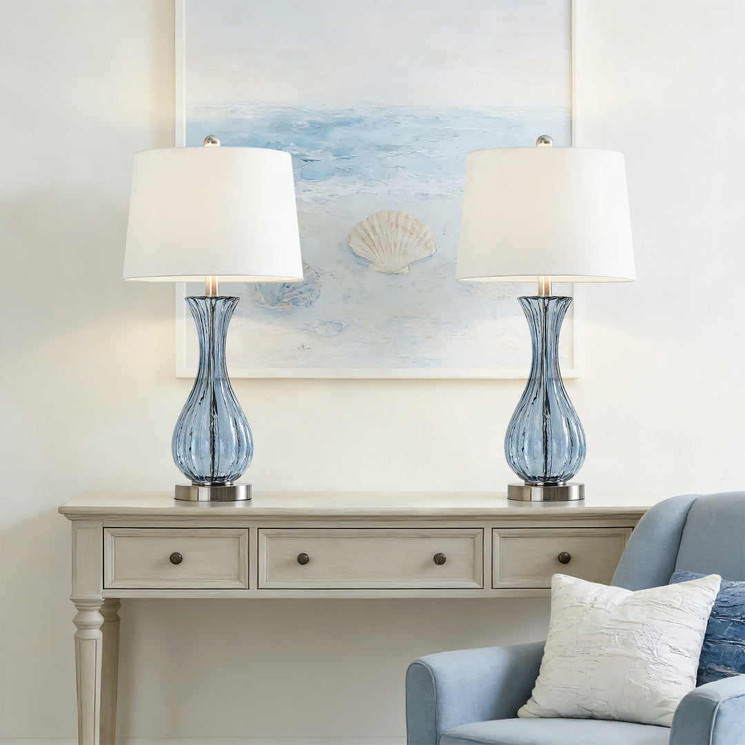 Maxax Coastal Glass Table Lamps Set of 2，Modern 25.5" Clear Glass Bedside Lamps with White Shade for Bedroom Living Room #T78