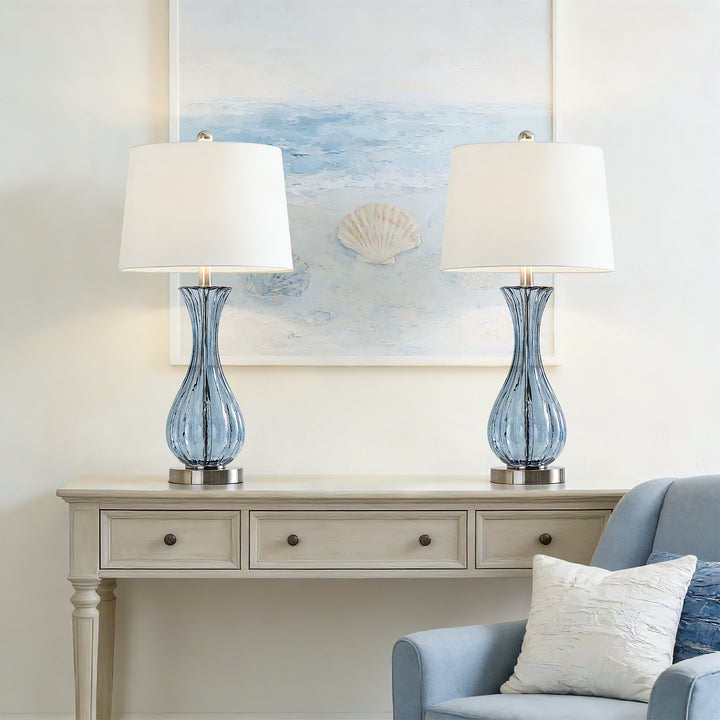 Maxax Coastal Glass Table Lamps Set of 2，Modern 25.5" Clear Glass Bedside Lamps with White Shade for Bedroom Living Room #T78