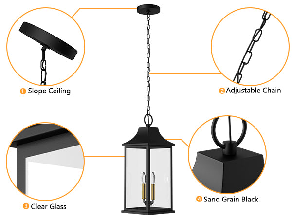 Element 2 - Light 20''H Adjustable Black and Gold Base Iron ETL Outdoor Hanging Lights with Clear Tempered Glass #7089