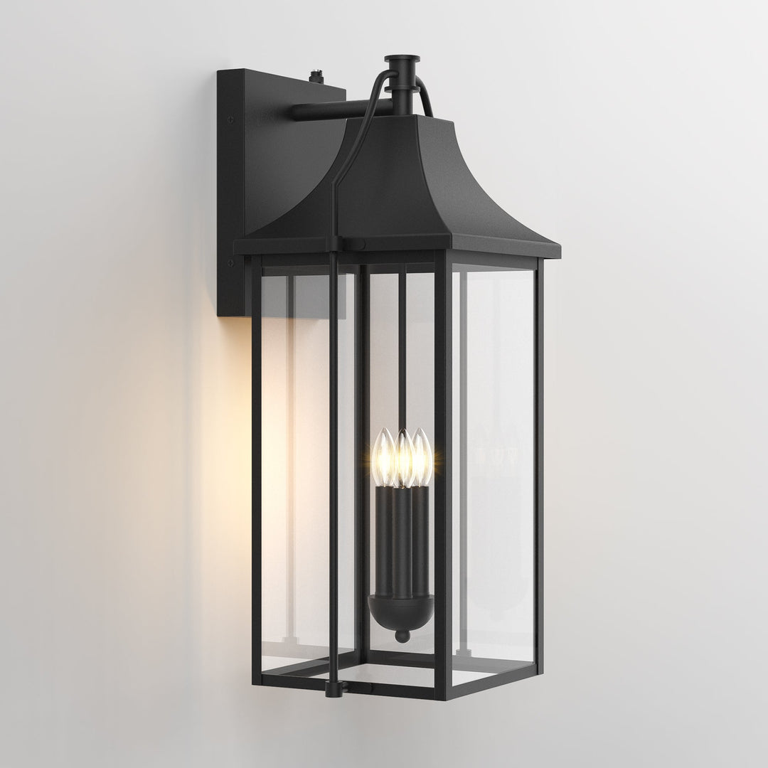 Lawyettle 25" Large Outdoor Wall Lantern, Dusk to Dawn Black 3-Light Sconce with Glass for Front Door, Garage, Porch #7040