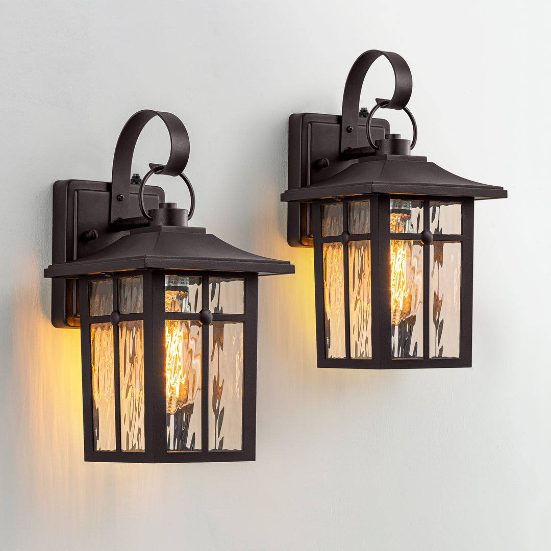 Maxax 2 Pack Dusk to Dawn Outdoor Wall Lights, Exterior Light Fixtures Wall Mount with Ripple Glass, Waterproof Black Porch Lights, Outside Wall Lantern for Entryway, Garage, Patio #MX7003
