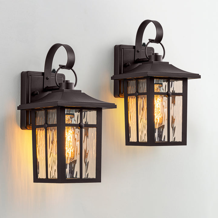 Maxax 2 Pack Dusk to Dawn Outdoor Wall Lights, Exterior Light Fixtures Wall Mount with Ripple Glass, Waterproof Black Porch Lights, Outside Wall Lantern for Entryway, Garage, Patio #MX7003