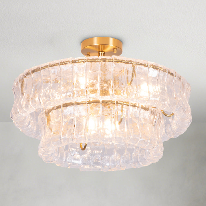 Lumen 20" 6-Light Brushed Brass Double-Layer Clear Artistic Glass Unique / Statement Semi-Flush Mount For Living Room/Bedroom #19235