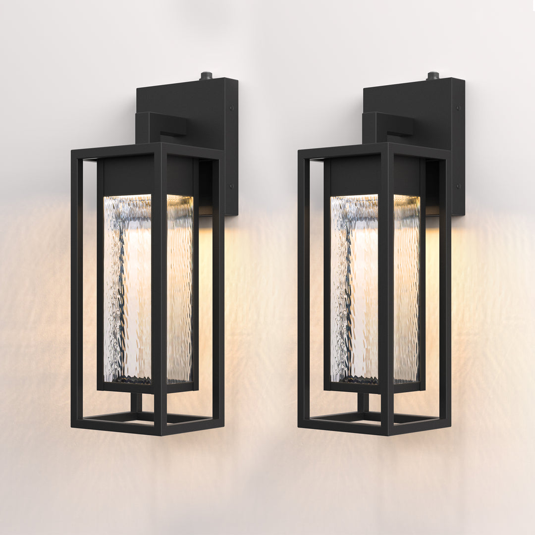 Natura 1 - Light 15''H Dimmable Led Black Iron And Water Ripple Glass Outdoor Wall Light With Dusk To Dawn #7061