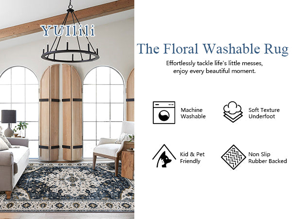 YUIlili Vintage Oriental Area Rug Navy Blue Beige Gold Soft Non-Slip Machine Washable Carpet for Living Room, Bedroom, Hallway Runner Indoor Rugs #AZJL160