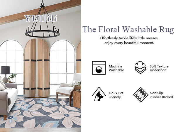 YUIlili Boho Floral Area Rug Charcoal Blue Beige Soft Low-Pile Non-Slip Machine Washable Carpet for Living Room, Bedroom, Hallway Runner Indoor Rugs #AZJL15