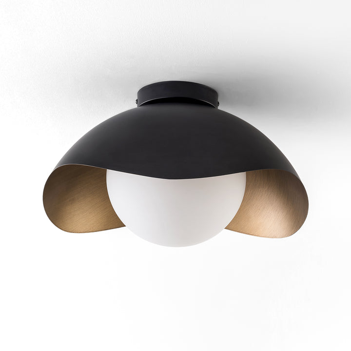 Nimbus 15.5" 1-Light Modern Globe Flush Mount Ceiling Light With Opal Glass, Matte Black/White Exterior & Gold Interior Shell-Style Dimmable Shade For Bedroom Or Hallway #29029