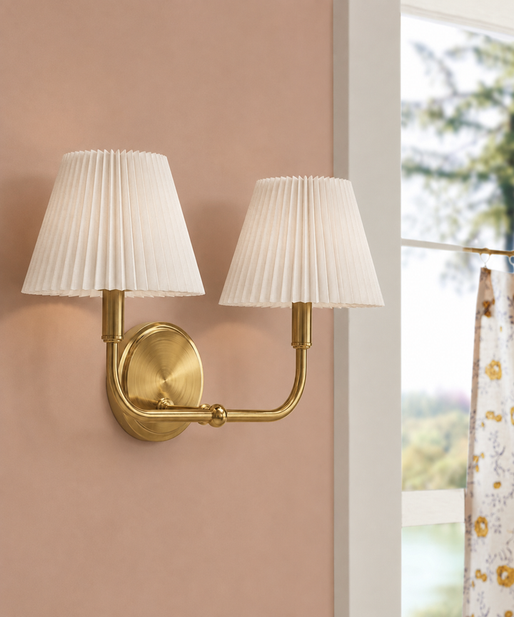 Glow Brass Armed Sconce With White Linen Shade #39006