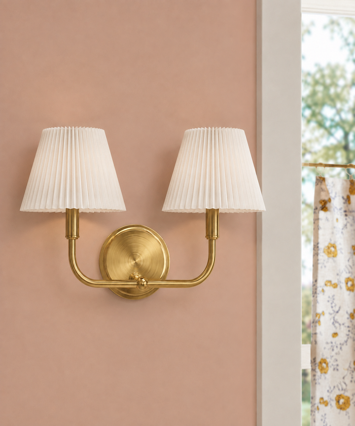 Glow Brass Armed Sconce With White Linen Shade #39006