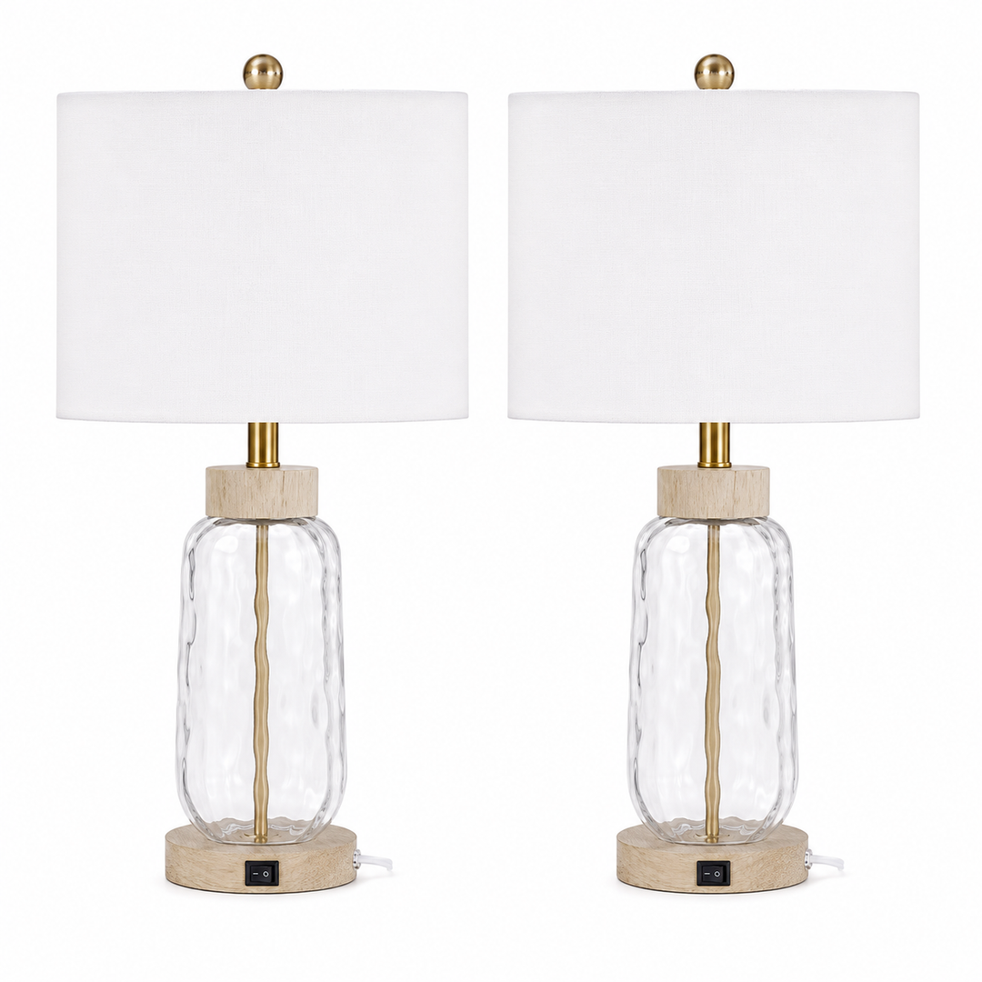 24 in. Brown Modern/Bohemian/Farmhouse Dimmable Glass Wood Metal For Bedroom Living Room Bedside Desk Nightstand Table Lamp With White Linen Drum Shape And USB Prot (Set of 2)