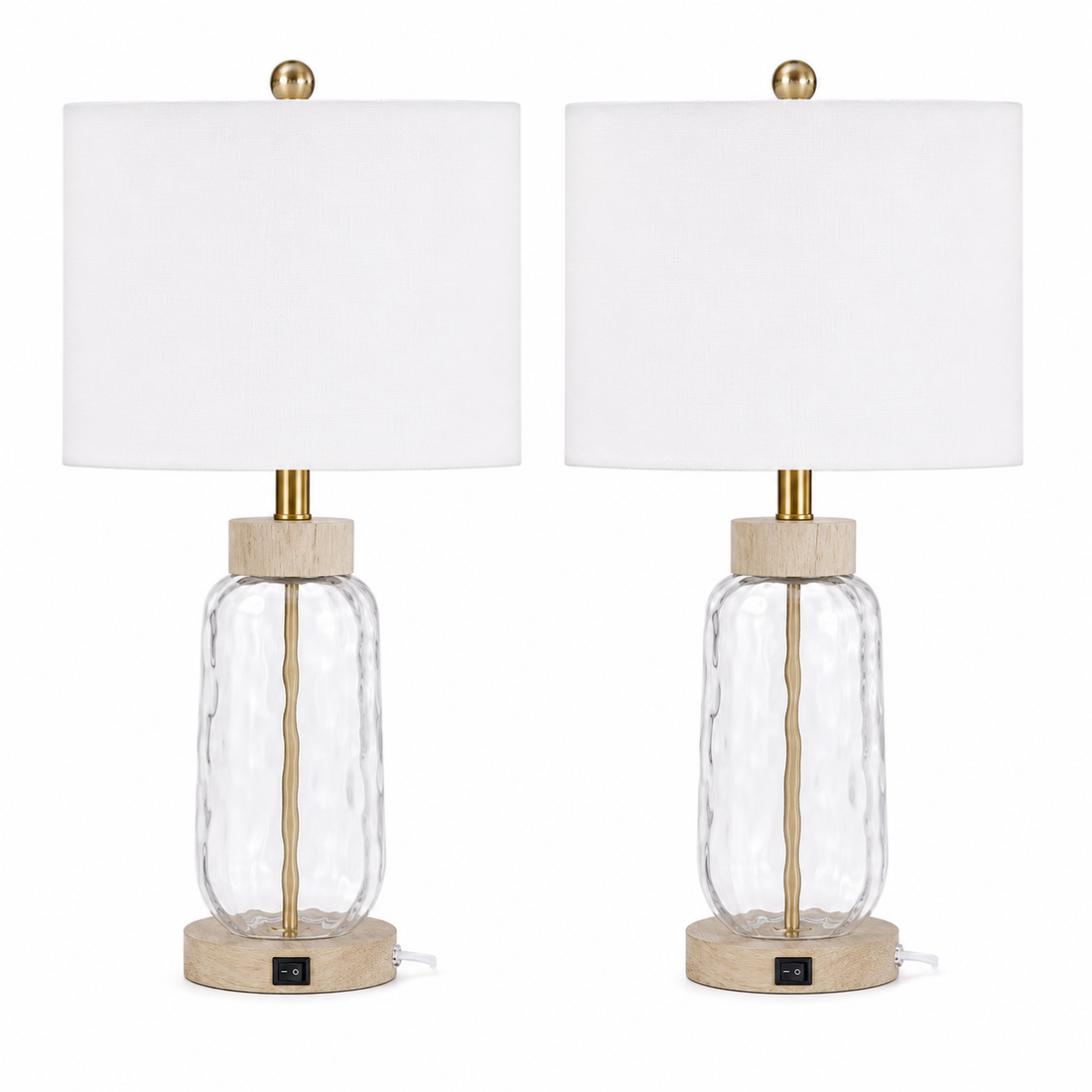 24 in. Brown Modern/Bohemian/Farmhouse Dimmable Glass Wood Metal For Bedroom Living Room Bedside Desk Nightstand Table Lamp With White Linen Drum Shape And USB Prot (Set of 2)