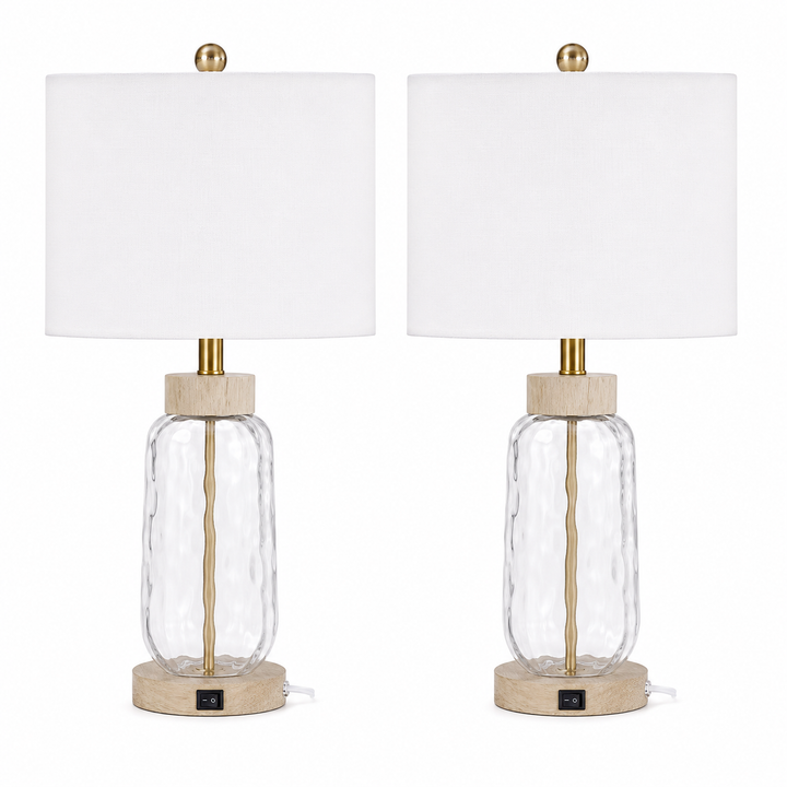 24 in. Brown Modern/Bohemian/Farmhouse Dimmable Glass Wood Metal For Bedroom Living Room Bedside Desk Nightstand Table Lamp With White Linen Drum Shape And USB Prot (Set of 2)