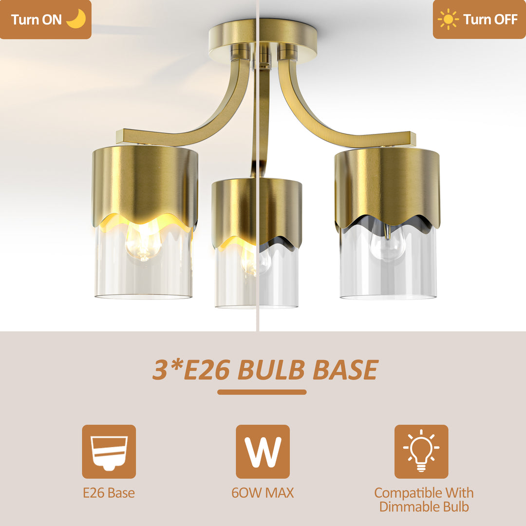 Glimmer 15.75 "- 3 Lights Modern Cluster Brushed Brass/Matte Black/Brushed Nickel Semi Flush Mount Lighting Fixture For Hallway/Laundry Room #29036