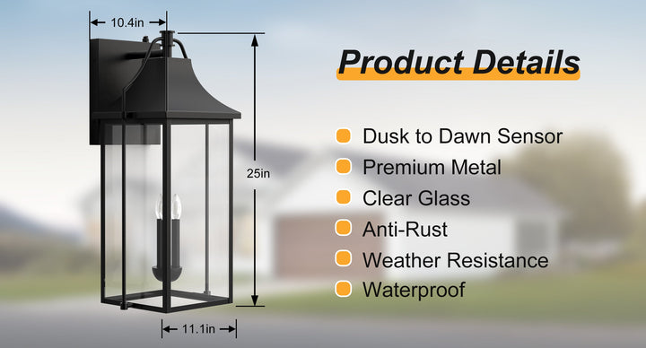 Lawyettle 25" Large Outdoor Wall Lantern, Dusk to Dawn Black 3-Light Sconce with Glass for Front Door, Garage, Porch #7040