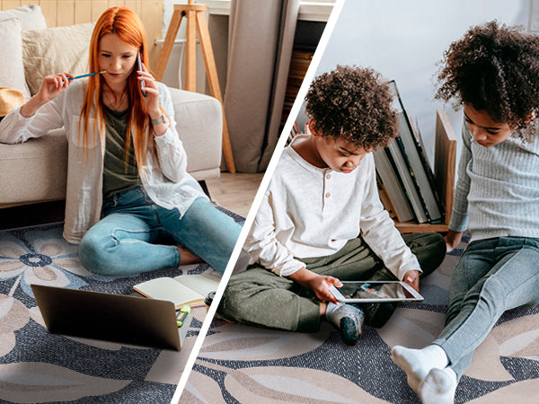YUIlili Boho Floral Area Rug Charcoal Blue Beige Soft Low-Pile Non-Slip Machine Washable Carpet for Living Room, Bedroom, Hallway Runner Indoor Rugs #AZJL15