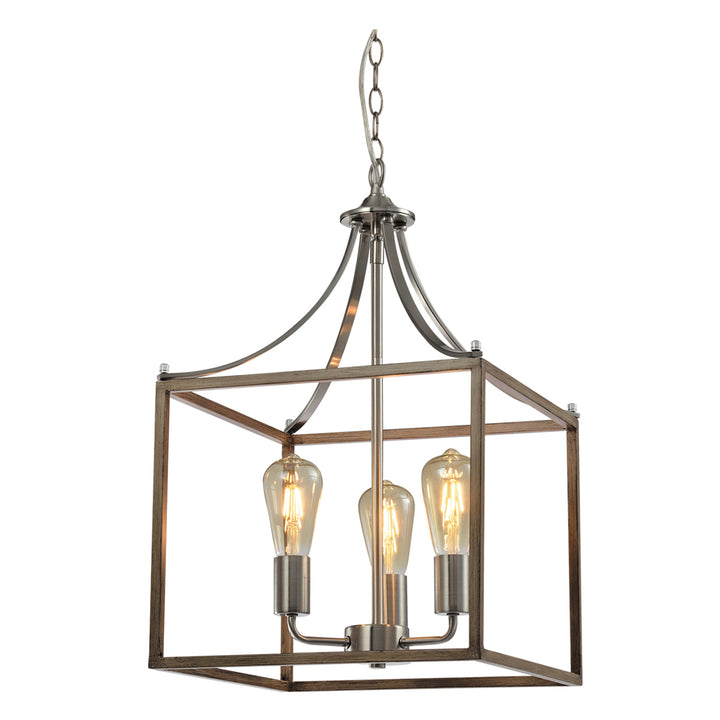 Maxax 3 - Light Lartern Square / Rectangle Wood / Sand Nickel Pendant With Wrought Iron #MX21031