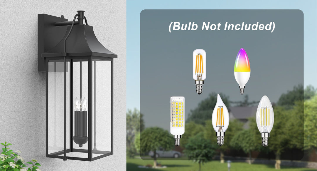 Lawyettle 25" Large Outdoor Wall Lantern, Dusk to Dawn Black 3-Light Sconce with Glass for Front Door, Garage, Porch #7040