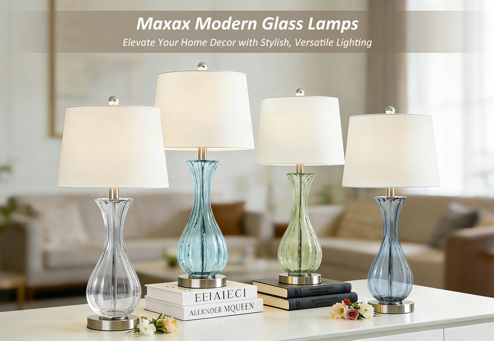 Maxax Coastal Glass Table Lamps Set of 2，Modern 25.5" Clear Glass Bedside Lamps with White Shade for Bedroom Living Room #T78