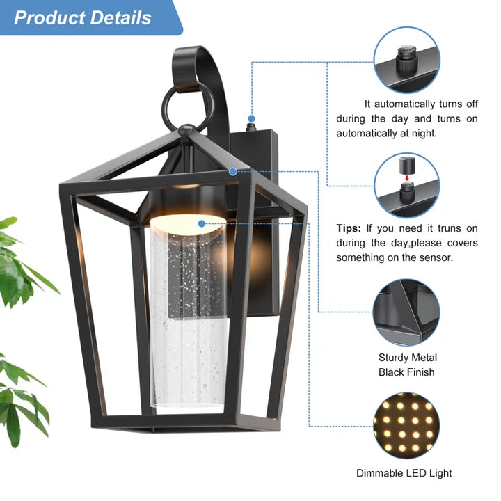 15'' Black Metal Glass Dimmable Led Outdoor Wall Sconce #7043