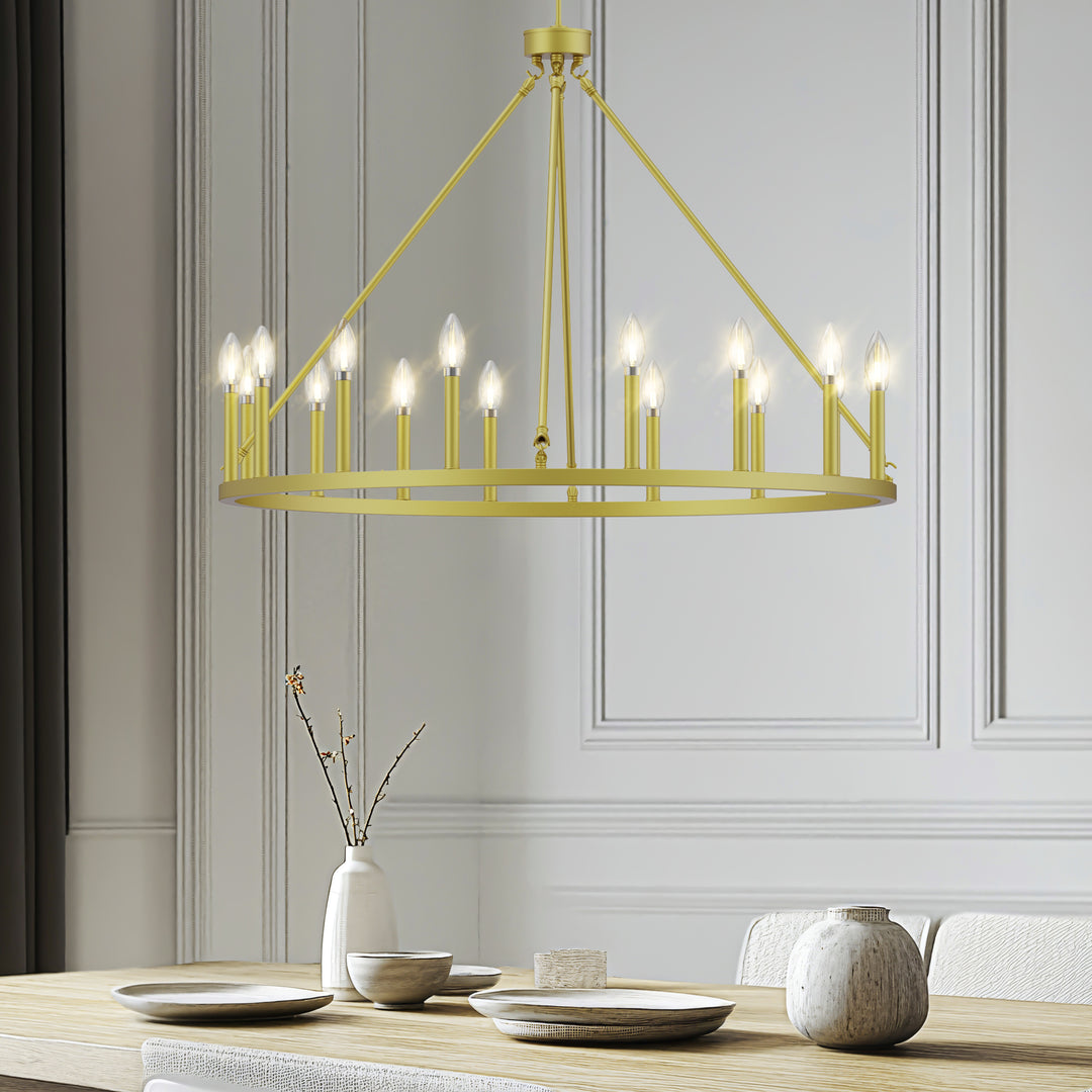 16-Light Brushed Gold Candle-Style Wagon Wheel Metal Chandelier For Hallway Bedroom Living Room Dining Room