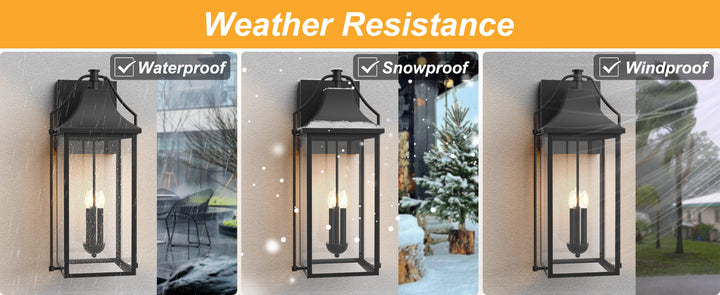 Lawyettle 25" Large Outdoor Wall Lantern, Dusk to Dawn Black 3-Light Sconce with Glass for Front Door, Garage, Porch #7040