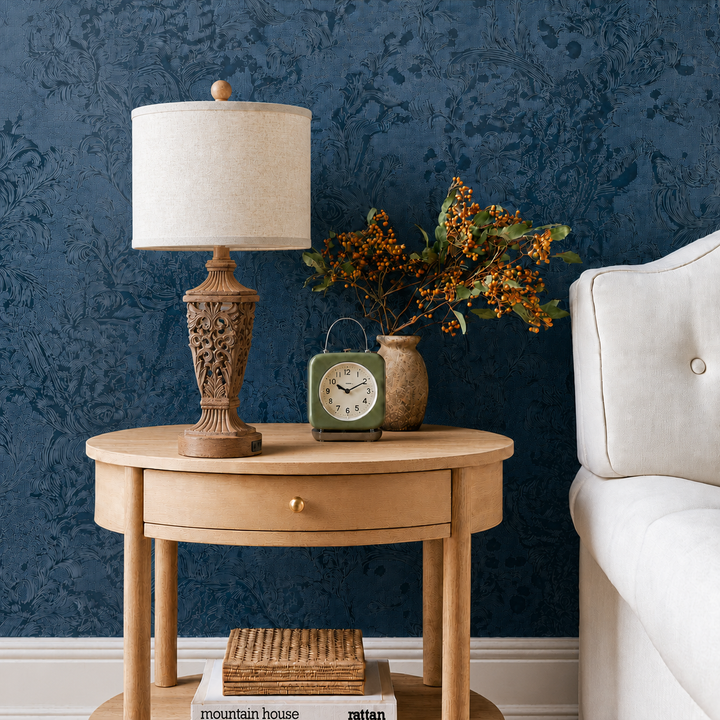 Farmhouse Carved Resin Table Lamp Set with Linen Drum Shades (Set of 2) #T278