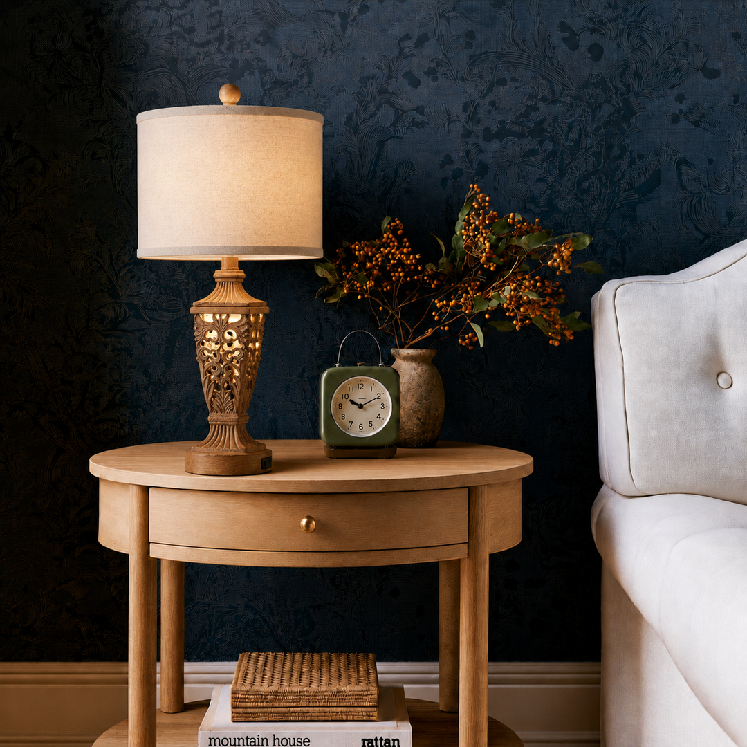 Farmhouse Carved Resin Table Lamp Set with Linen Drum Shades (Set of 2) #T278
