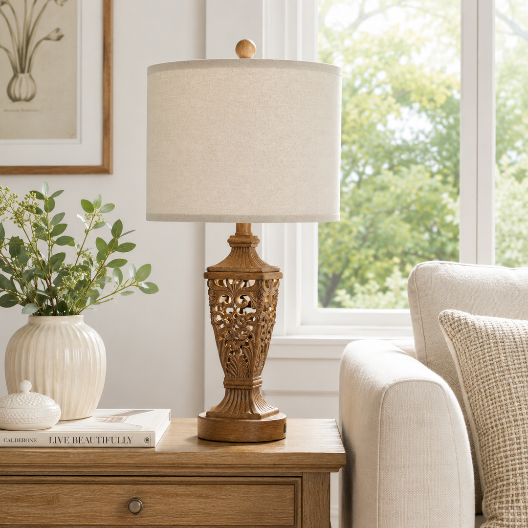 Farmhouse Carved Resin Table Lamp Set with Linen Drum Shades (Set of 2) #T278
