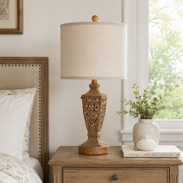 Farmhouse Carved Resin Table Lamp Set with Linen Drum Shades (Set of 2) #T278