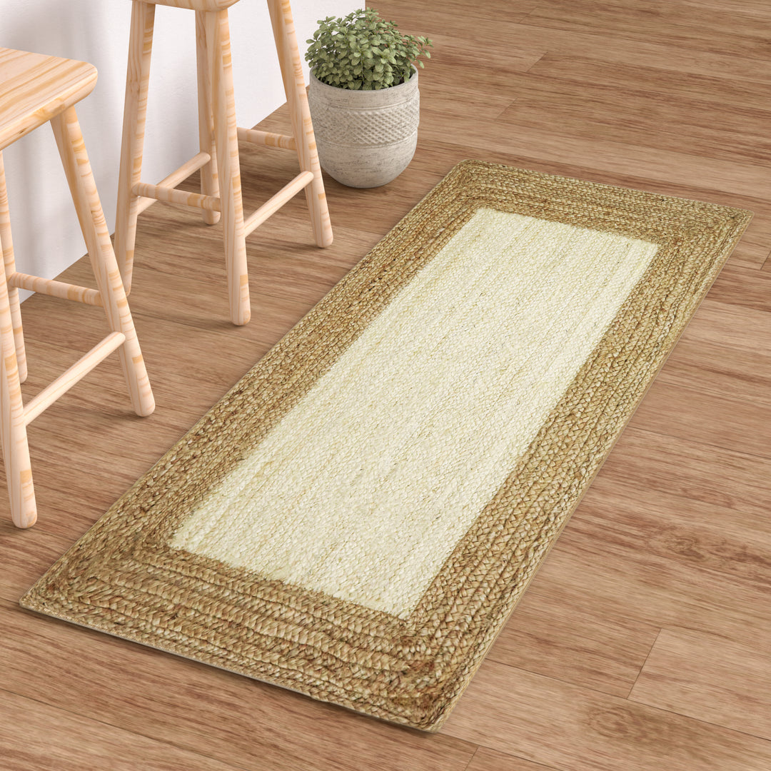 Jute Hand Braided Zigzag Stitch Natural Fibers Farmhouse Style Area Rug For Dining Room Living Room Kitchen, Off White/Natural #DT23-201