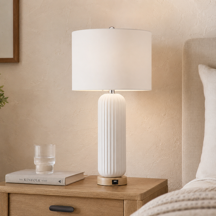 28" Modern Fluted Ceramic Table Lamp with USB Charging Port and 3-Way Dimmable Lighting for Bedroom, Living Room and Study (Set of 2) #T164