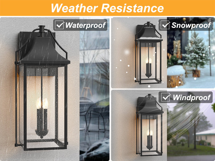 Lawyettle 25" Large Outdoor Wall Lantern, Dusk to Dawn Black 3-Light Sconce with Glass for Front Door, Garage, Porch #7040