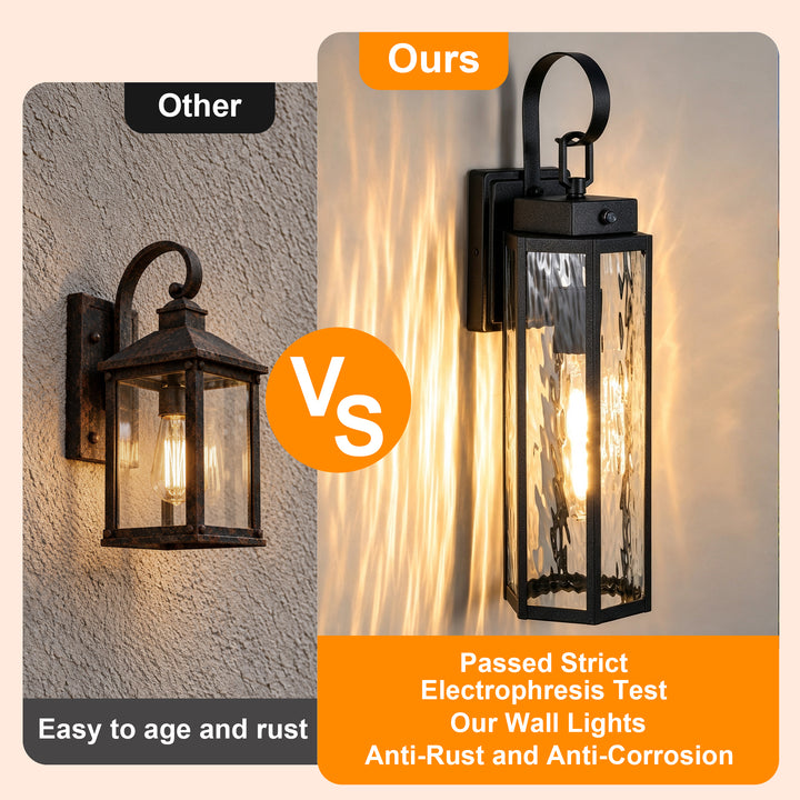 20" Farmhouse Outdoor Wall Sconce, Waterproof Dusk to Dawn Light with Matte Black Frame &amp; Water Ripple Glass 