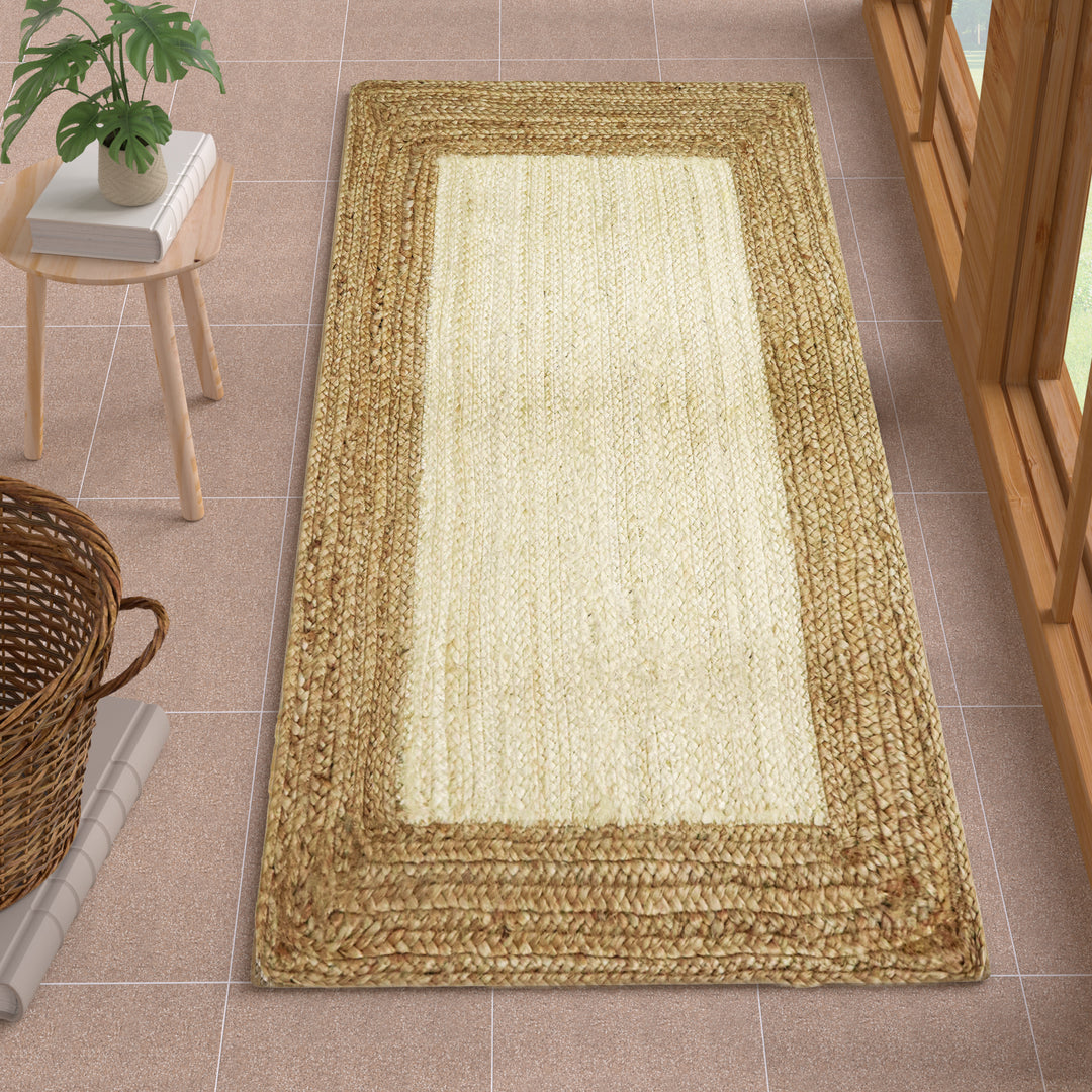 4modernhome Jute Hand Braided Zigzag Stitch Natural Fibers Farmhouse Style Area Rug For Dining Room Living Room Kitchen, Off White/Natural #DT23-2