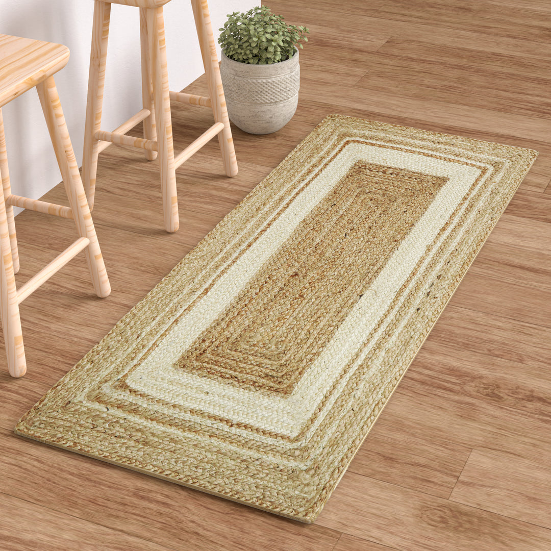 Jute Hand Braided Zigzag Stitch Natural Fibers Farmhouse Style Area Rug For Dining Room Living Room Kitchen, Off White/Natural #DT23-101