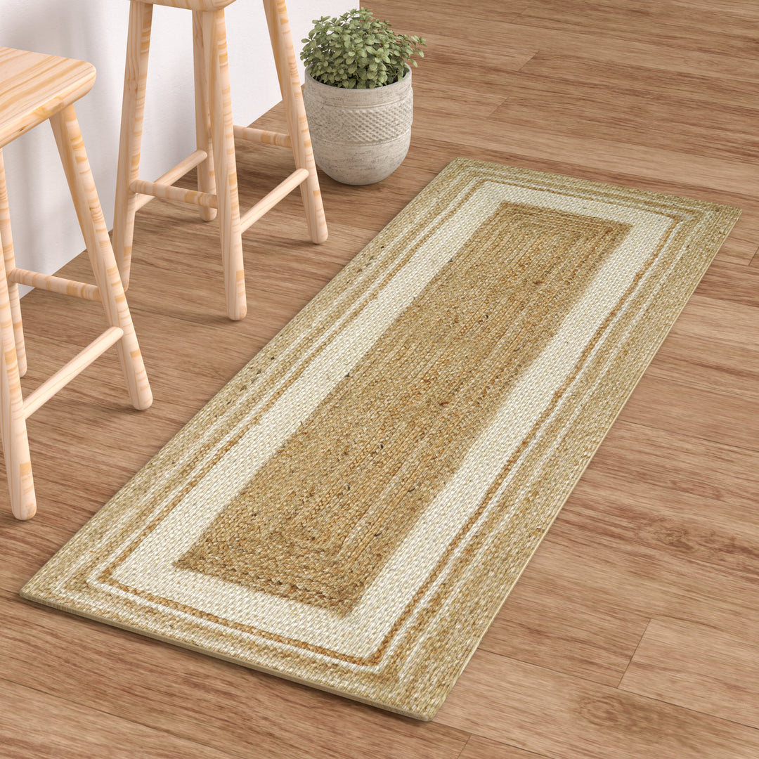 Jute Hand Braided Zigzag Stitch Natural Fibers Farmhouse Style Area Rug For Dining Room Living Room Kitchen, Off White/Natural #DT23-101