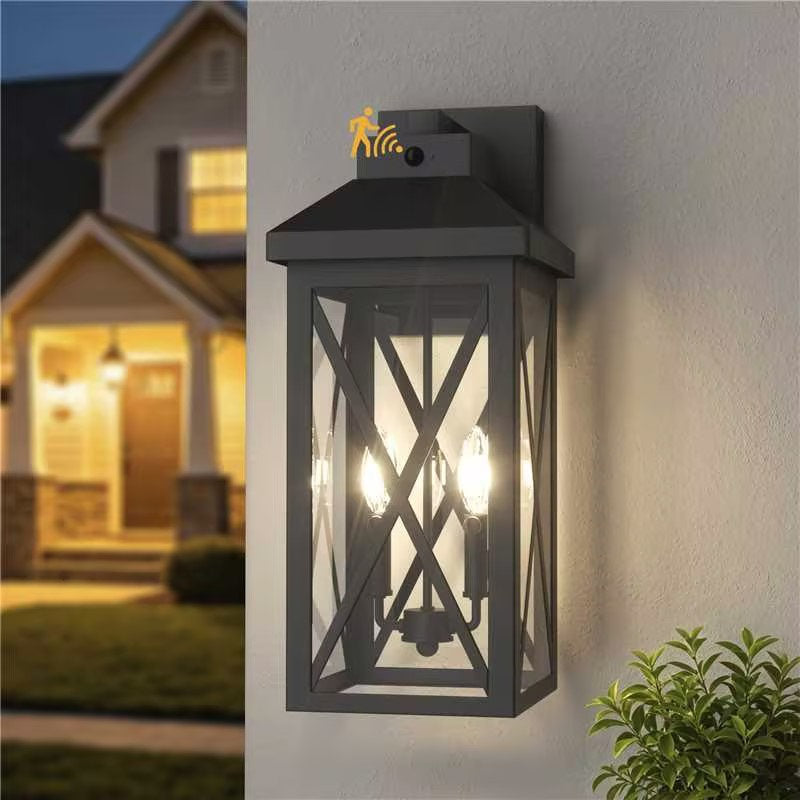 Black Iron Outdoor Wall Light Tempered Glass with Motion Sensor and Dusk to Dawn #OW7133