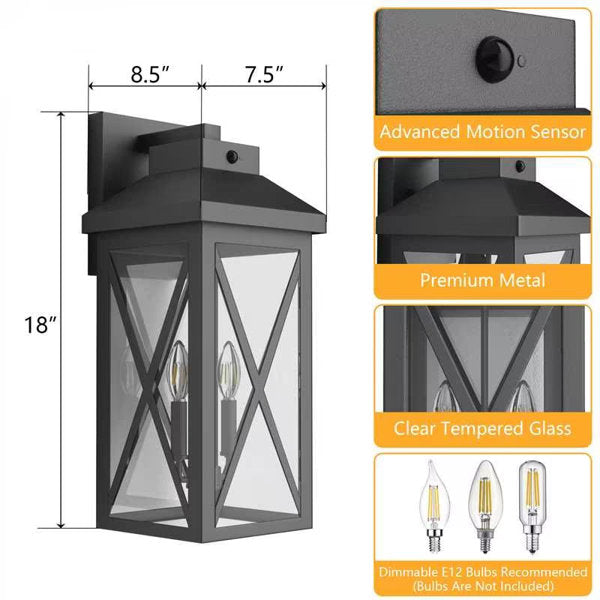 Black Iron Outdoor Wall Light Tempered Glass with Motion Sensor and Dusk to Dawn #OW7133