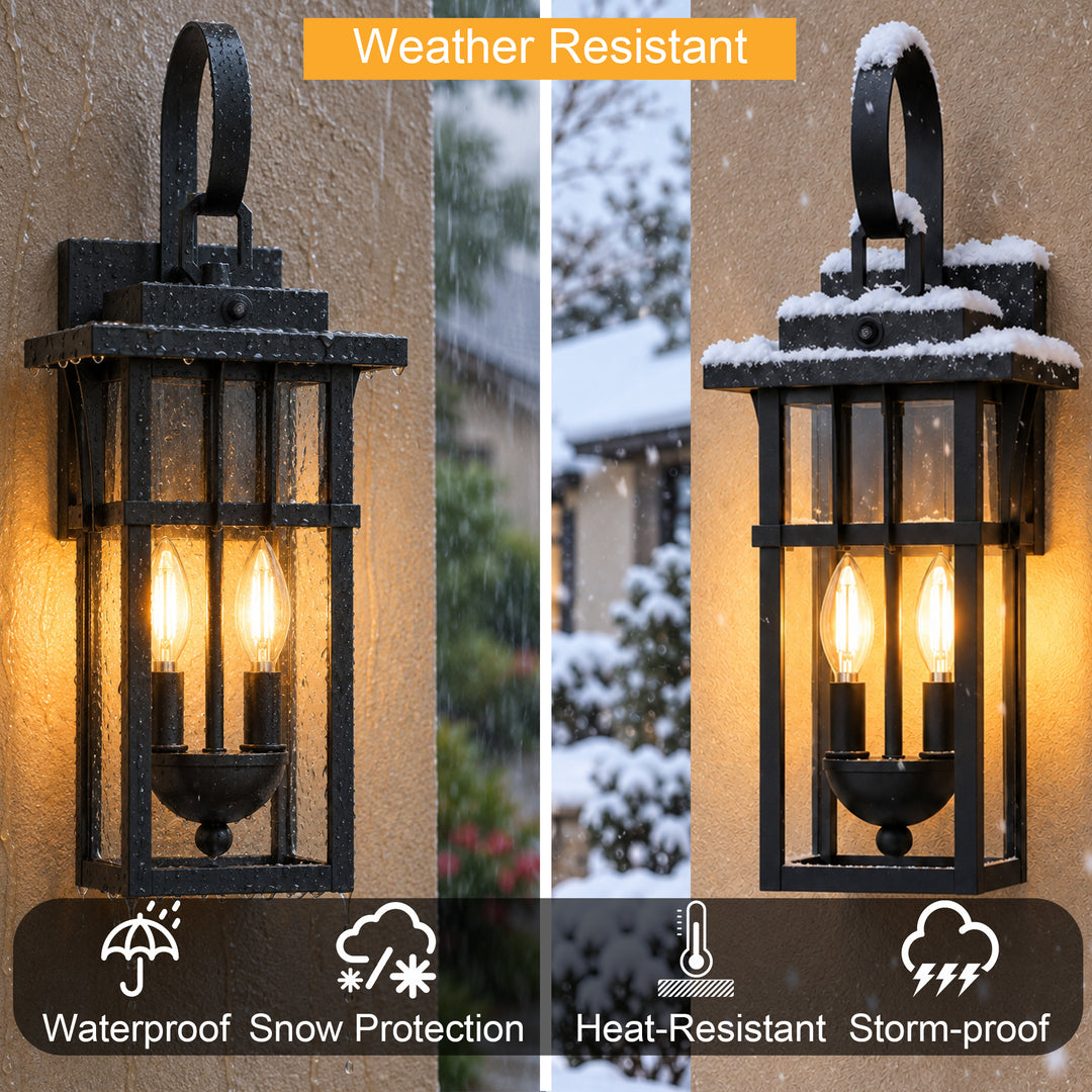 19.7" 2-Light Farmhouse Outdoor Wall Sconce with Dusk to Dawn Photocell, Weatherproof Matte Black Frame &amp; Clear Tempered Glass 