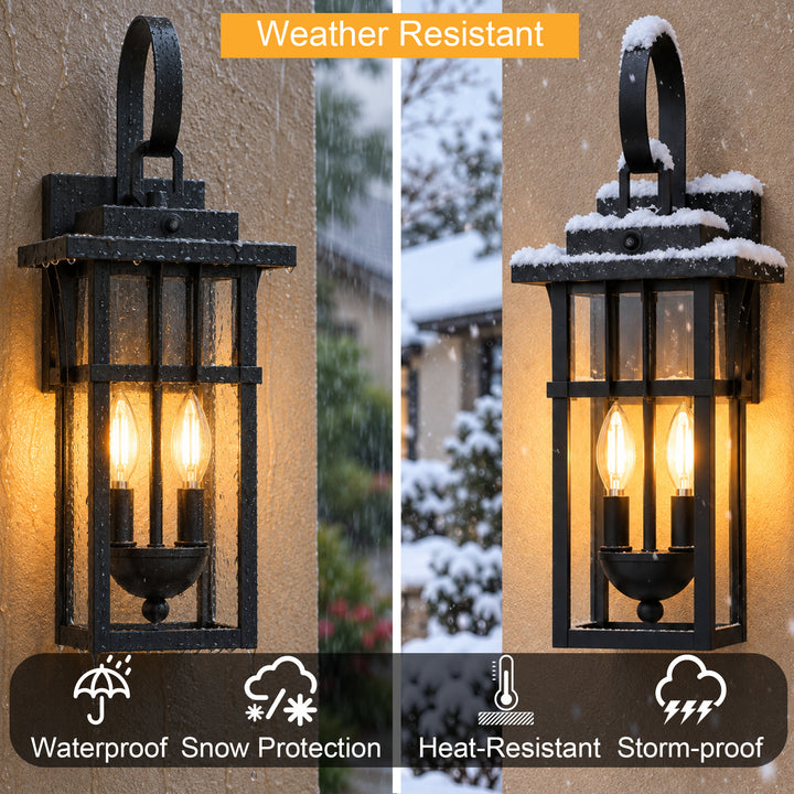 19.7" 2-Light Farmhouse Outdoor Wall Sconce with Dusk to Dawn Photocell, Weatherproof Matte Black Frame &amp; Clear Tempered Glass 
