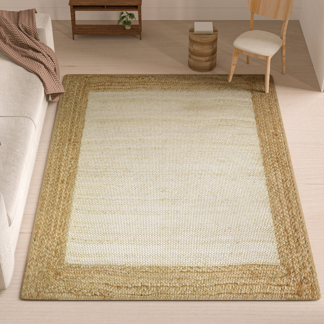 Jute Hand Braided Zigzag Stitch Natural Fibers Farmhouse Style Area Rug For Dining Room Living Room Kitchen, Off White/Natural #DT23-201