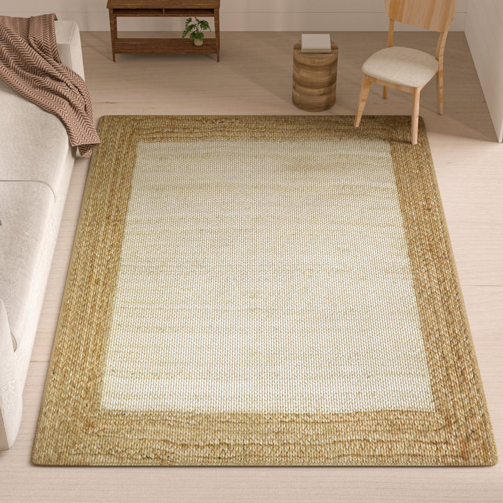 4modernhome Jute Hand Braided Zigzag Stitch Natural Fibers Farmhouse Style Area Rug For Dining Room Living Room Kitchen, Off White/Natural #DT23-2