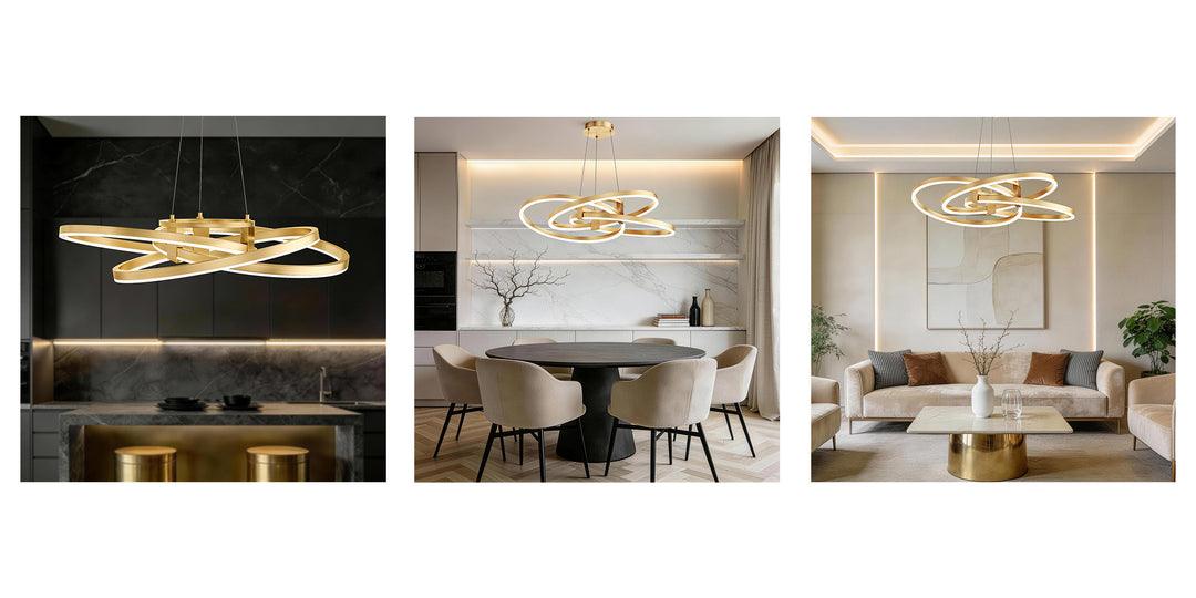 BrillianceLed 36"W Aluminum Modern Chandelier Light With Brush Gold/Back Metal For Dining Room Or Living Room #19034