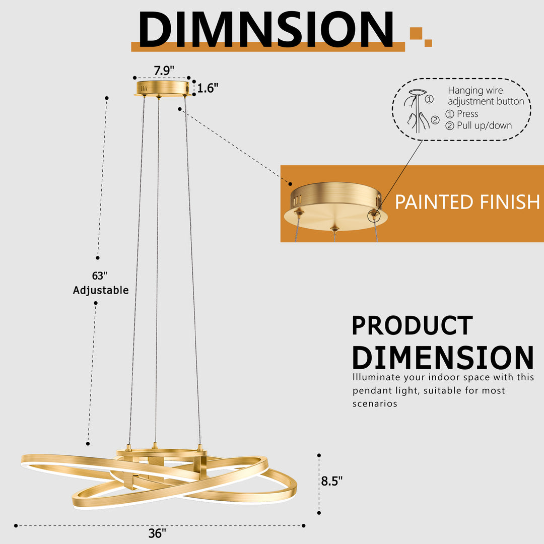 BrillianceLed 36"W Aluminum Modern Chandelier Light With Brush Gold/Back Metal For Dining Room Or Living Room #19034
